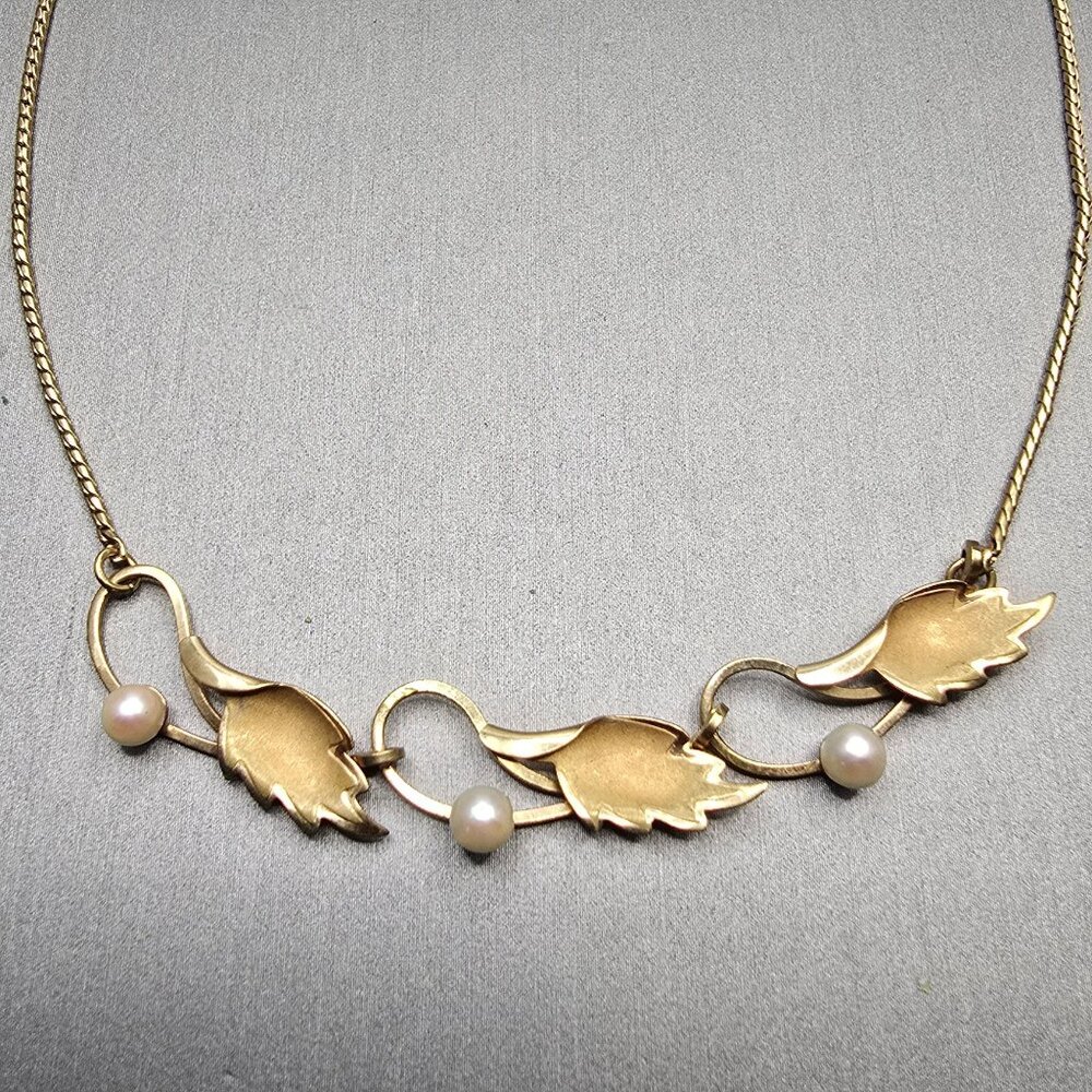 VTG De Curtis DEC 14K Gold Filled Pearl Leaf Choker Necklace 14" Mid‑Century 50s - Picture 4 of 16
